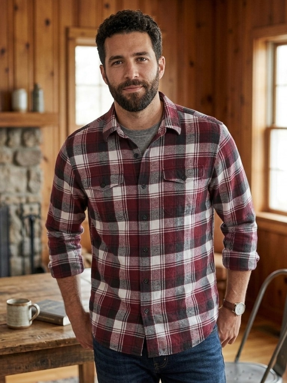 American Eagle Outfitters Maroon Plaid Button-Down Shirt
